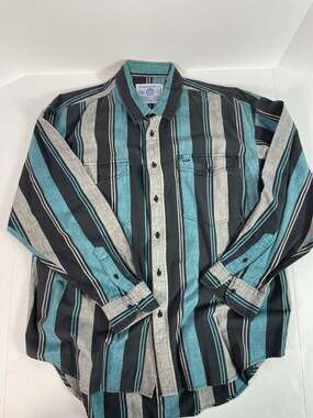 Vintage Wrangler Long Sleeve Striped Western Shirt, Teal/Gray/Black, Size L
